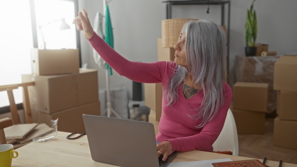 Senior,Woman,With,Grey,Hair,Sits,In,A,New,Home