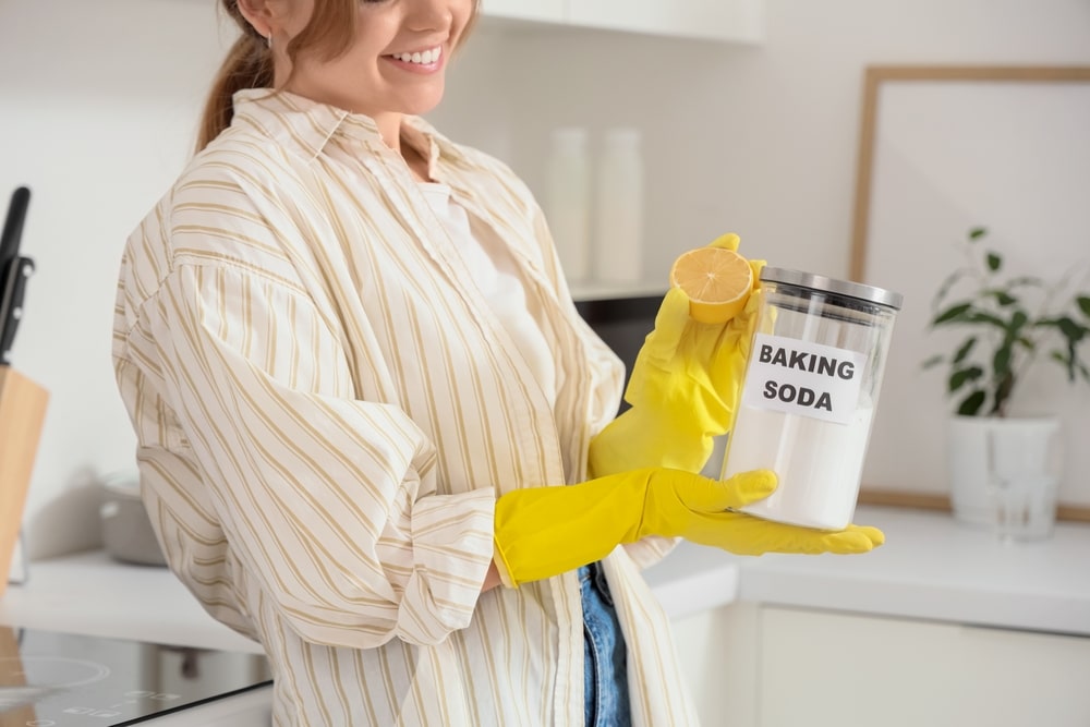Young,Woman,With,Jar,Of,Baking,Soda,And,Lemon,Cleaning